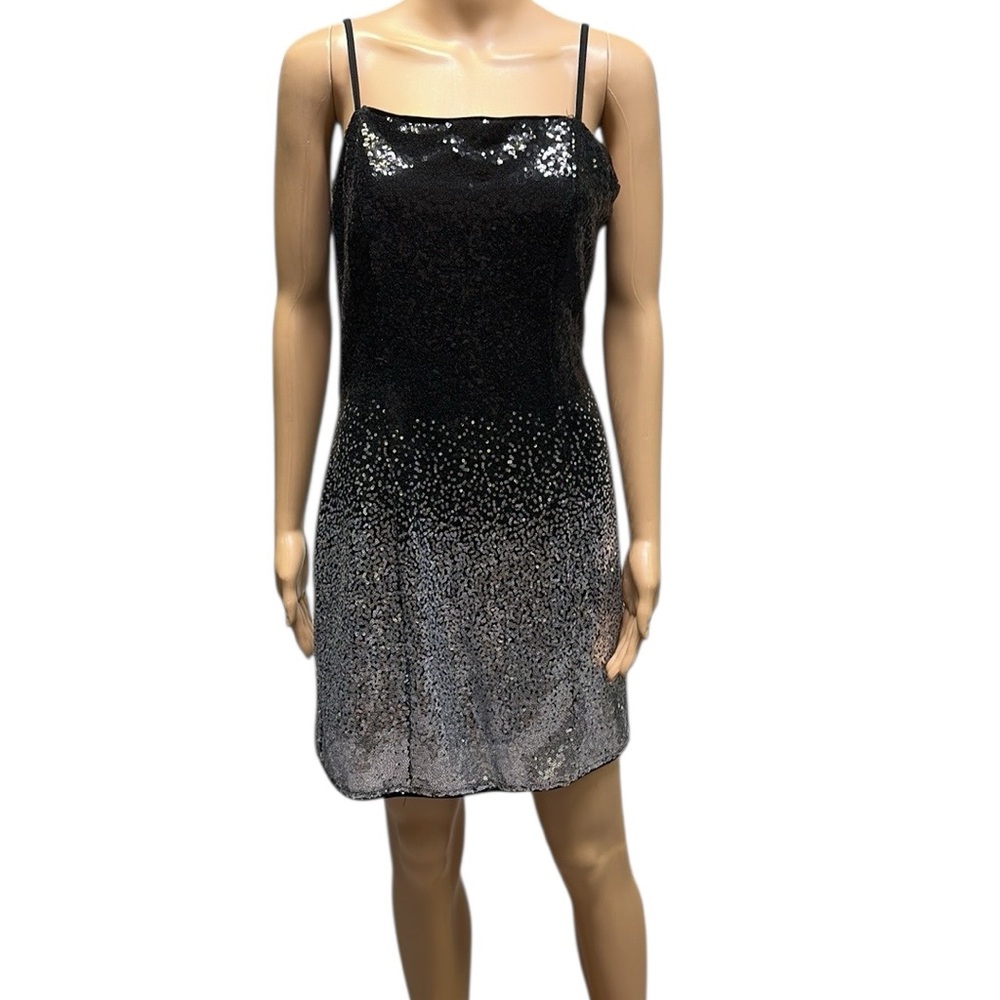 Iris Black Silver Sequin Spaghetti Strap Fully Lined Zip Back Mini Dress Large